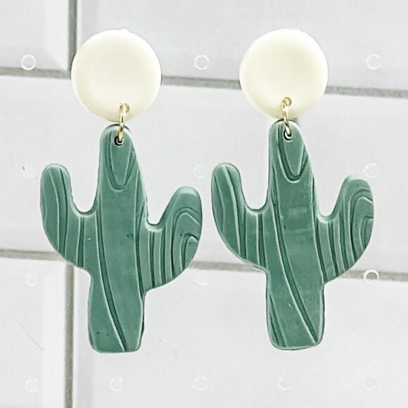Clay Cactus Dangle Drop Earrings - Picture 1 of 7